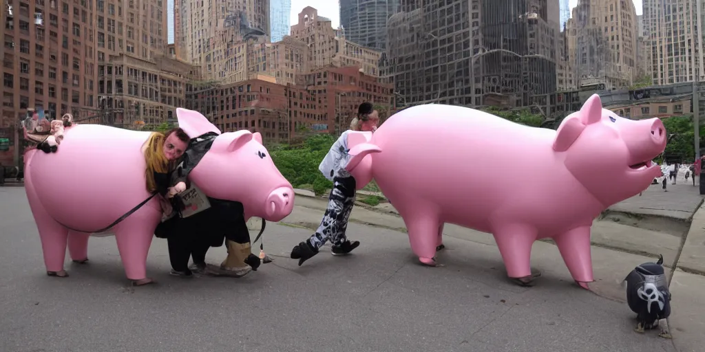 Image similar to giant mechanical piggy attacks pittsburgh