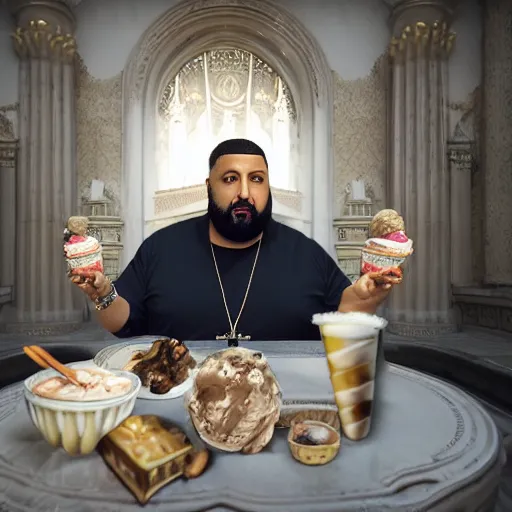 Image similar to a highly detailed realistic photographic render saint dj khaled with ice cream in hands, religious sculpture, cinematic lighting, cinematic scene, Volumetric lighting, Atmospheric scene, Dark, Horror, Atmospheric lighting, Global illumination, realistic, photo realism, hyper realistic, hyper realism, photo realisitc, cinematic render, film, beautifully lit, ray traced, octane 3D render, octane render, unreal engine