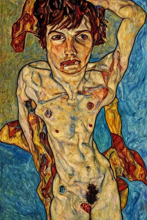 Prompt: a full body character with lifted arms in style of egon schiele, masterpiece, hyperdetailed, complex, intricate, veiled, 4 k, dynamic!!