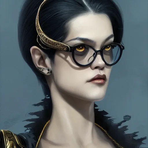 Image similar to a portrait a young asia argento as bayonetta, urban motifs, intricate, elegant, highly detailed, digital painting, trending on artstation, concept art, smooth sharp focus, illustration, art by artgerm and greg rutkowski