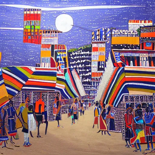 Image similar to ndebele city of the future, ndebele painted street scene, high definition, detailed, futuristic, night scene, realistic