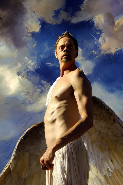 Image similar to beautiful detailed expressive impressionistic oil painting portrait of ancient roman god emperor steve buscemi levitating in angelic pose wearing the civic crown, art by anders zorn, wonderful masterpiece by greg rutkowski, expressive brush strokes, beautiful cinematic light, american romanticism by greg manchess, jessica rossier