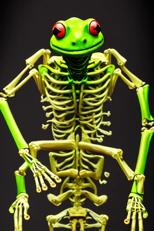 Image similar to movie poster of kermit the terminator, chromatic humanoid skeleton frog skeleton hybrid, robot, ultra realistic, cinematic lighting hd photography,