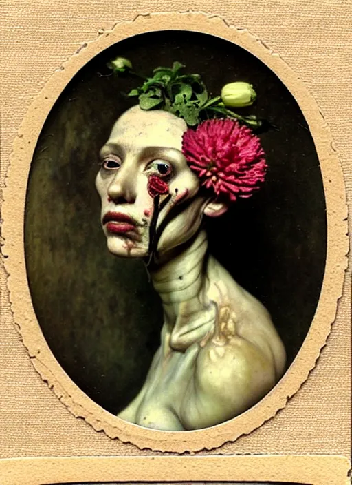 Image similar to beautiful and detailed rotten woman made of plants and many types of stylized flowers like carnation, chrysanthemum, roses and tulips, intricate, surreal, john constable, guy denning, gustave courbet, caravaggio, romero ressendi, vladimir volegov 1 9 1 0 polaroid photo