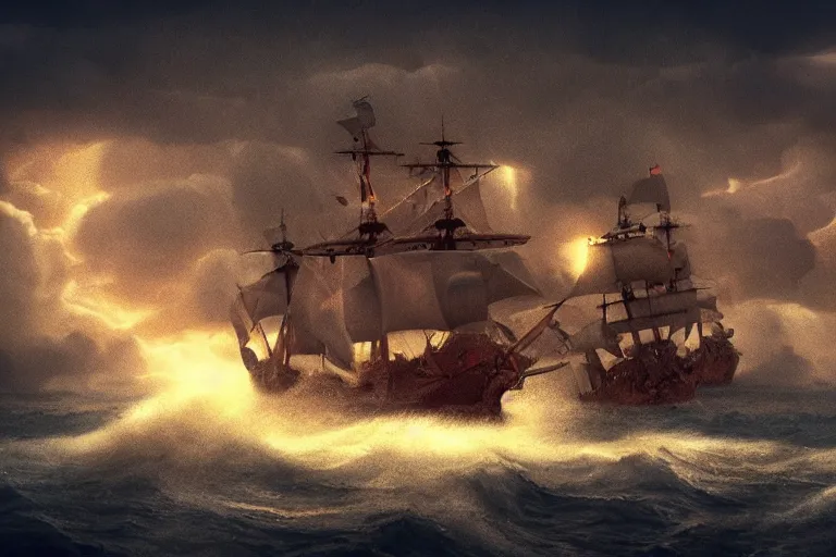 Image similar to epic pirate ship cannon battle in a storm, in the style of vernon grant and chris van allsburg, trending on artstation, bright tilt - shift camcorder effect, photoshop, retrowave, hyperrealism, octane, sharp focus, masterpiece