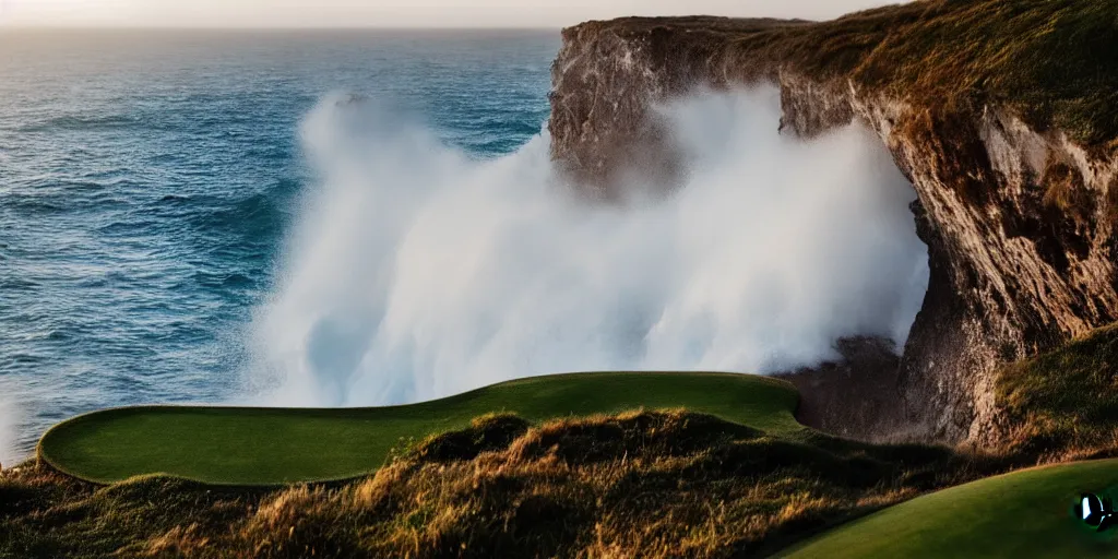 Image similar to a great photograph of the most amazing golf hole in the world complete surrounded by water, huge waves crash against the cliffs, perfect light, ambient light, 5 0 mm, golf digest, top 1 0 0, fog