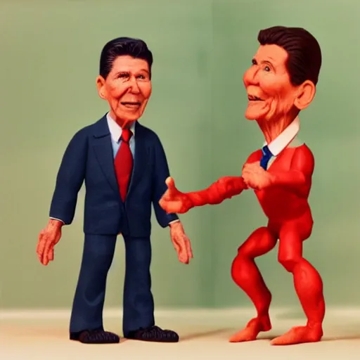 Image similar to claymation ronald reagan vs dinosaur