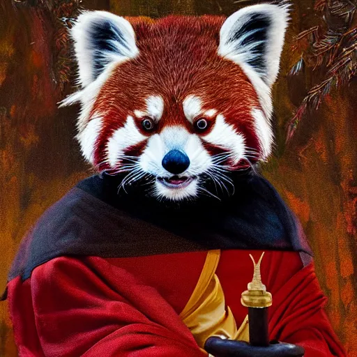 Prompt: highly detailed full body picture of a red panda in buddhist monk’s robes, concept art, digital art, studio lightning, bright colors, intricate, masterpiece, photorealistic, hiperrealistic, sharp focus, high contrast, intricate, Artstation HQ, DeviantArt trending, 4k UHD, Unreal Engine 5