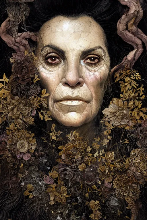 Image similar to portrait of hairy old woman with diluted aquarelle painted skin. close up. very dark black hair, shiny gold eyes. intricate dark flowers pattern on background, high detail, by Peter mohrbacher and Eddie Mendoza
