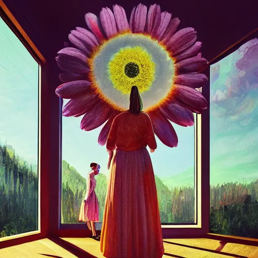 Prompt: giant daisy flower head, a woman standing next to modern window in luxury loft, surreal photography, sunlight, impressionist painting, digital painting, artstation, simon stalenhag