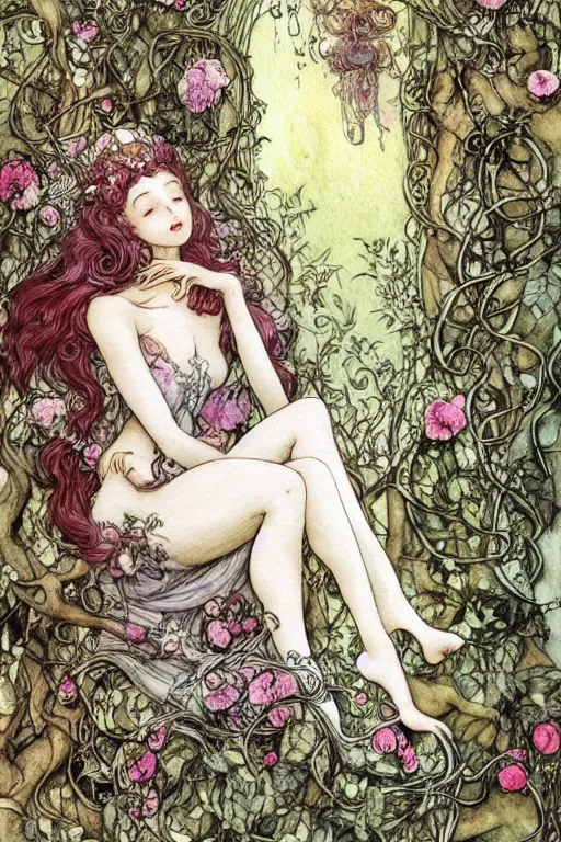 Prompt: detailed sleeping beauty in a rococo bedroom overgrown by vines and flowers, fantasy art, trending on artstation, fairytale, art by luis royo and walter crane and kay nielsen, watercolor illustration,