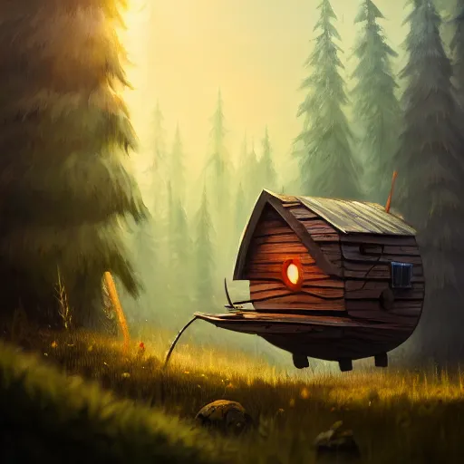 Image similar to a walking wood and metal house with two legs and one big eye, smoke chimney, rust, hyperrealistic, highly detailed, cinematic, single ray of sun, morning, pareidolia, gravity falls style, disney, ghibli, beautiful, cgssociety, artstation, 8 k, oil painting, digital art