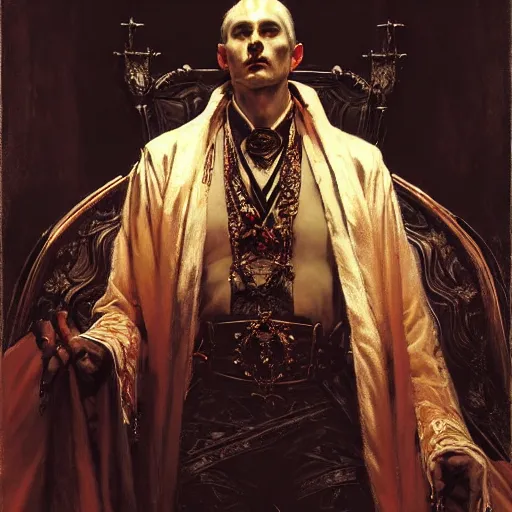 Image similar to perfectly centered portrait of attractive vampire king in a robe sitting on a throne of bones, highly detailed painting by gaston bussiere, craig mullins, j. c. leyendecker, 8 k