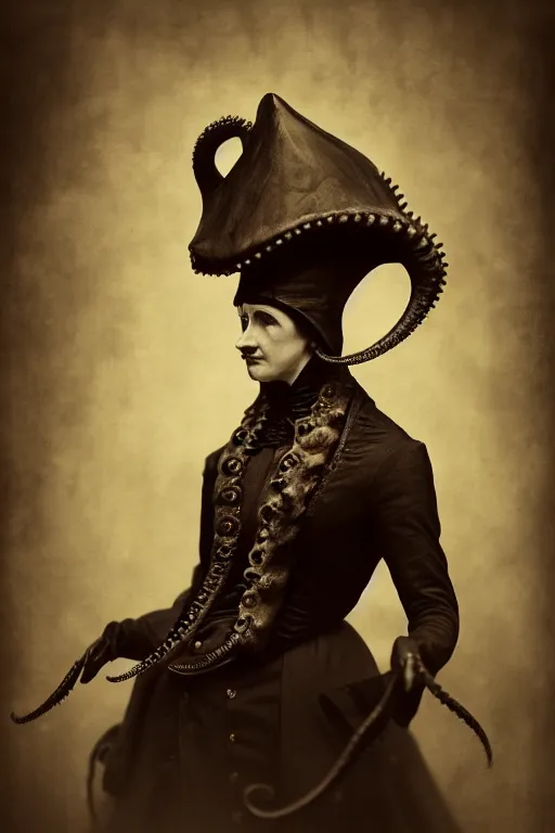 Prompt: wet plate photograph portrait of a victorian - era anthropomorphic octopus dressed in a victorian - era clothing, dramatic lighting, highly detailed, digital painting, artstation, concept art, smooth, sharp focus, illustration, art by wlop, mars ravelo and greg rutkowski