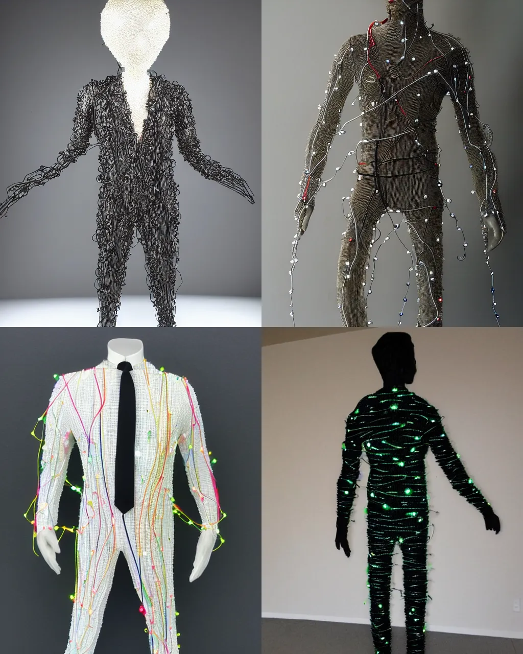 Prompt: suit made of wires and pearls piping fiber optics