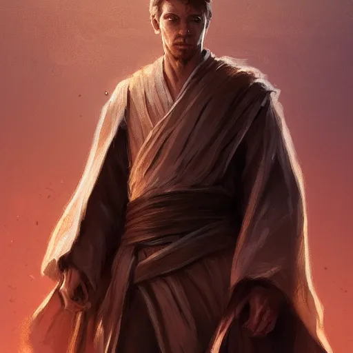 Image similar to portrait of a man by greg rutkowski, jedi knight owen skywalker, messy copper hair, jedi robes, star wars expanded universe, he is about 2 0 years old, wearing jedi robes, highly detailed portrait, digital painting, artstation, concept art, smooth, sharp foccus ilustration, artstation hq