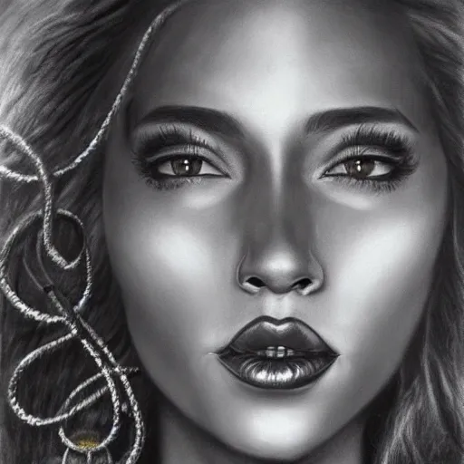 Image similar to pencil art, detailed portrait of doja cat, intricate, hyper detailed, realistic, oil painting, by julie bell, frank frazetta, cinematic lighting