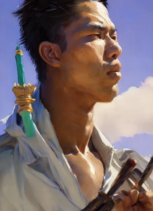 Image similar to greg manchess side portrait of a filipino fighter with a scepter, organic painting, sunny day, matte painting, bold shapes, hard edges, street art, trending on artstation, by huang guangjian, gil elvgren, ruan jia, randy vargas, greg rutkowski