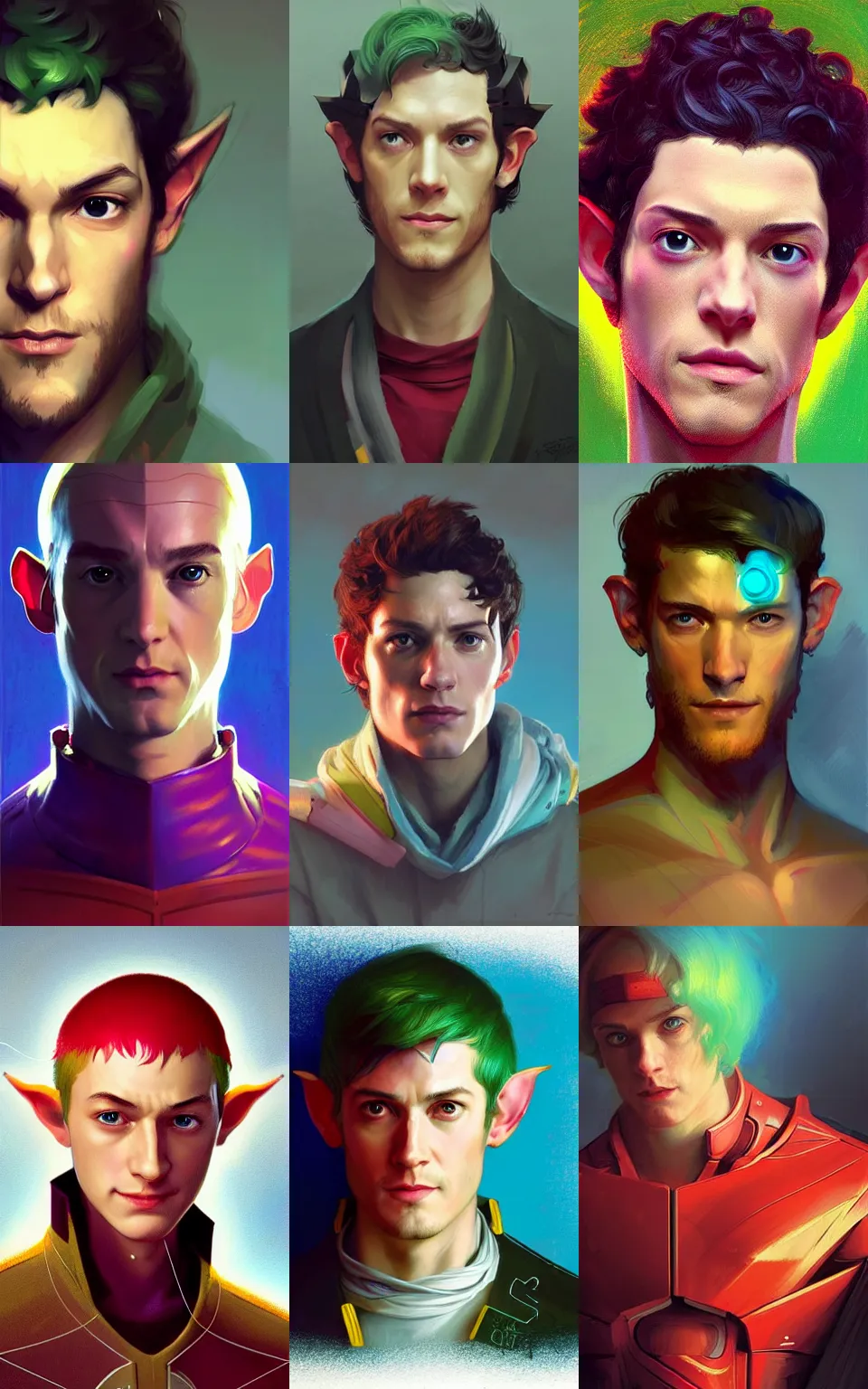 Prompt: character concept portrait, centralized head and upper torso, adam brody as a male elf engineer, style digital painting, vivid color, bright palette concept art, smooth, sharp focus, illustration, from metal gear, by ruan jia and mandy jurgens and william - adolphe bouguereau, artgerm