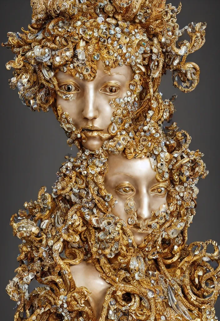 Prompt: sculpture made of crystal and gold in rococo style, portrait, queen, fashion ,future, Harpers Bazaar, Vogue magazine, insanely detailed, and_intricate ,concept art, close up