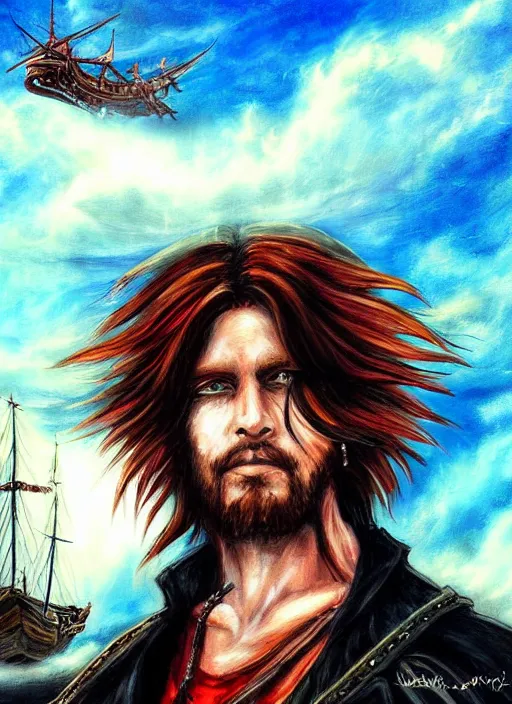 Prompt: epic fantasy portrait painting of a long haired, red headed male sky - pirate in front of an airship in the style of the death note