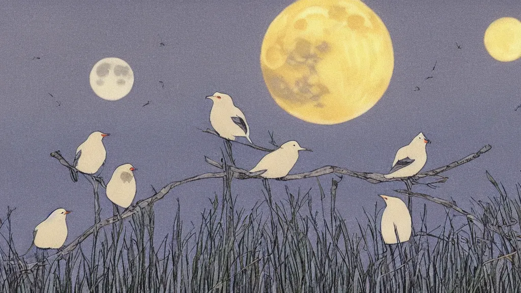 Prompt: a row of fat bearded reedlings, midnight, moonlight, full moon, highly detailed, intricate, hyper realistic, studio ghibli