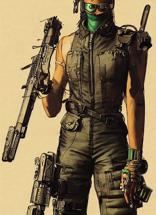 Prompt: menacing cyberpunk mercenary in military vest and jumpsuit. dystopian. portrait by stonehouse and mœbius and will eisner and gil elvgren and pixar. realistic proportions. cyberpunk 2 0 7 7, apex, blade runner 2 0 4 9 concept art. cel shading. attractive face. thick lines.