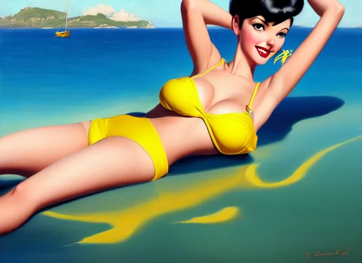 Image similar to the style of the artist gil elvgren, a girl with black hair, overwatch tracer, with a very beautiful symmetrical face, a smile on her face, tanned skin, in a yellow bikini, against the background of a sea beach, in art style, high detail, digital painting, hyperrealism