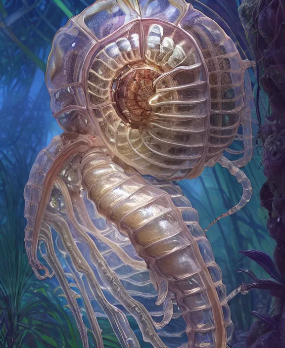 Image similar to intricate opulent transparent clear see - through portrait of a terrifying beautiful male human isopod sea slug, mottled coloring, adorable, childlike, overgrown retrofuturistic jungle environment, ultra realistic, concept art, art nouveau, photorealistic, octane render, 8 k, unreal engine. art by christopher marley and artgerm and greg rutkowski and alphonse mucha