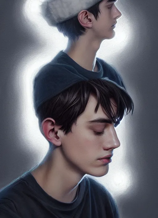 Image similar to portrait of teenage jughead jones wearing a light grey crown, photorealistic, crown, eyes closed, crown, black hair, intricate, elegant, glowing lights, highly detailed, digital painting, artstation, concept art, smooth, sharp focus, illustration, art by wlop, mars ravelo and greg rutkowski