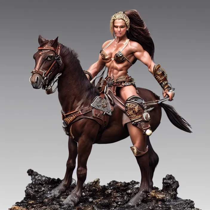 Image similar to 80mm resin detailed miniature of a Muscular Woman warrior with a Horse, Product Introduction Photos, 4K, Full body, simple background