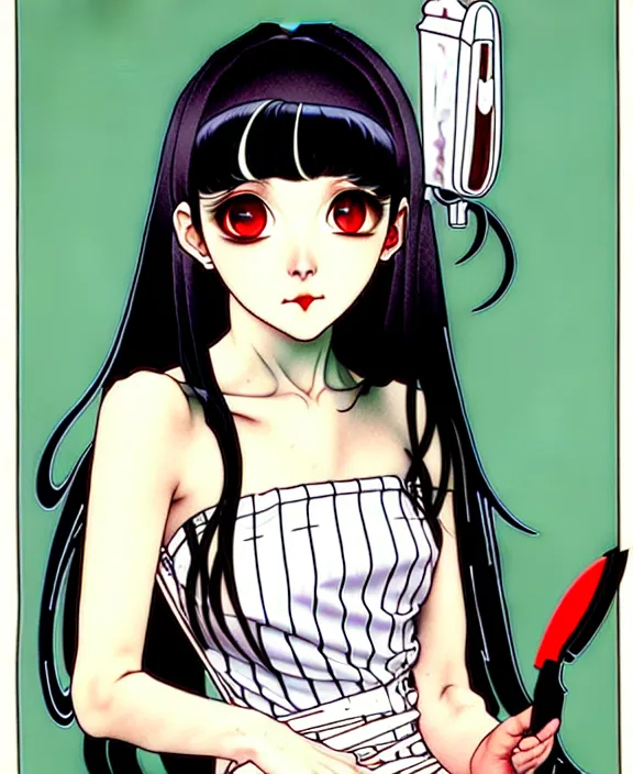 Image similar to portrait of a morbid 18 year old young woman wearing a cottage-core aesthetic dress with straight silky black hair, in a butcher shop, queen of sharp razor blades, in the style of Range Murata and by Alphonse Mucha and by Katsuhiro Otomo.