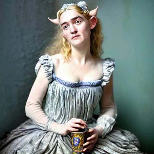 Prompt: A 18th century, messy, silvery haired, (((mad))) elf princess (look like ((young Kate Winslet))), dressed in a frilly ((ragged)), wedding dress, is ((drinking a cup of tea)). Everything is underwater! and floating. Greenish blue tones, theatrical, (((underwater lights))), high contrasts, fantasy water color, inspired by John Everett Millais's Ophelia