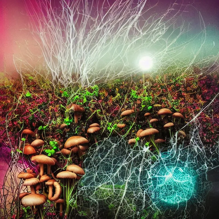 Image similar to double exposure of dally life, symbols of live, explosion, different sprouts and microgreens on mushrooms, cyber mushroom city, mushroom matrix, love is the most relevant theme, 8 k resolution, artistic mode, artistic, trending on instagram, long exposure, love art, serious, fantasy and dreams vibes, mushrooms style and macro style, spring vibes in twilight or sunset lights