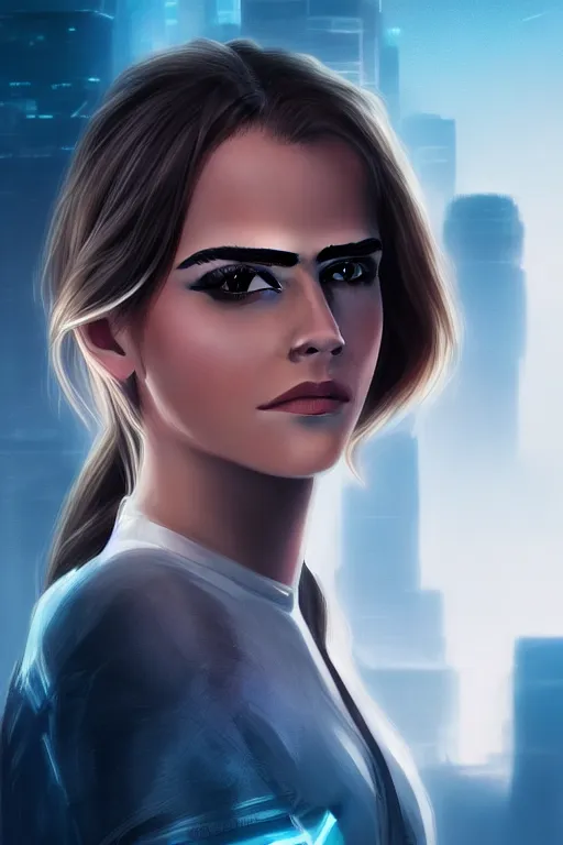 Image similar to Emma Watson, head and shoulders portrait, the background is a huge futuristic city, cyberpunk style futuristic neon lights, artstation cgsociety masterpiece highly-detailed