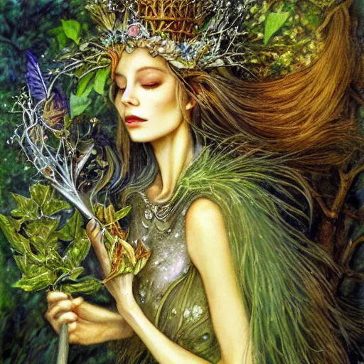 Image similar to fey queen of the summer forest, dress of leaves, fine features, holding a golden scepter, thin, young, silver shimmering hair, by brian froud, dusk scene, night colors, oil on canvas, oil panting