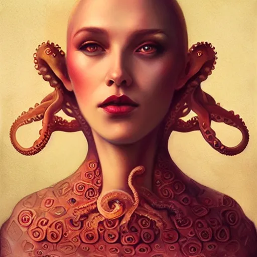 Prompt: queen of octopus, portrait, pink and gold, nouveau, beautiful, by Anato Finnstark, Tom Bagshaw, Brom