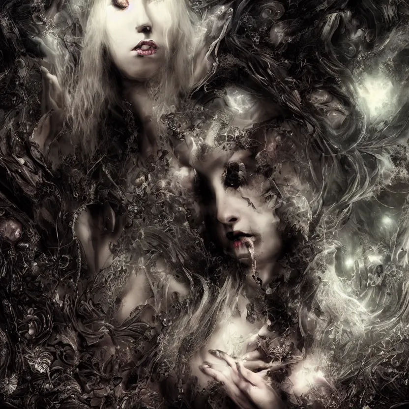 Image similar to stunning otherworldly Gothic goddess of beauty swarming in psychedelic Wicca, dark and mysterious, atmospheric, ominous, eerie, cinematic, Epic, 8k, 4k, ultra detail, ultra realistic, rendered by awesomeness