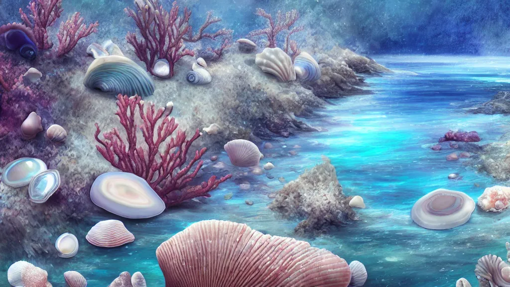 Prompt: landscape, corals, nacre, sea, white, iridescent, shells. fantasy, digital painting, hd, highly detailed.