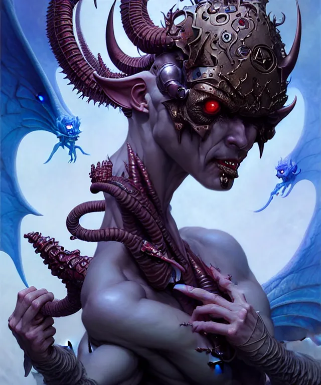 Image similar to beautiful evil fantasy character portrait, ultra realistic, demon, wide angle, intricate details, the fifth element artifacts, highly detailed by peter mohrbacher, hajime sorayama, wayne barlowe, boris vallejo, aaron horkey, gaston bussiere, craig mullins