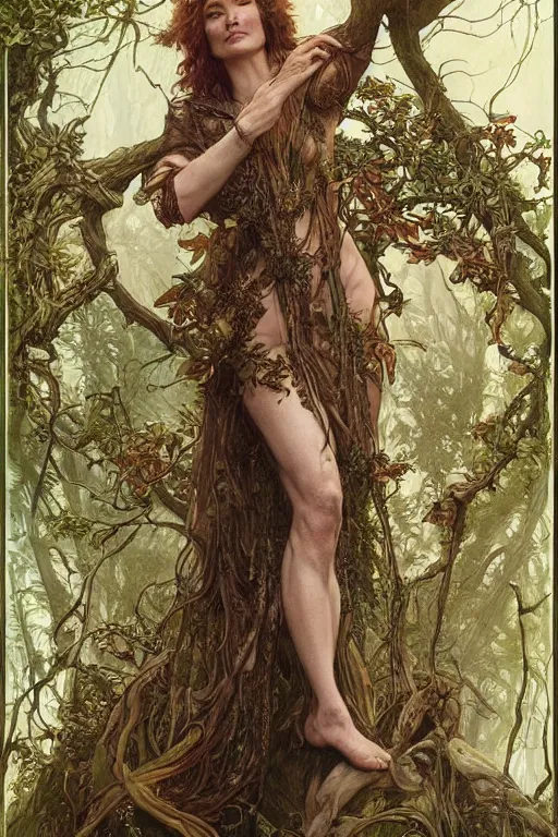 Image similar to lena headey as a dryad, detailed full body portrait by james gurney and artgerm and Mucha, amazing detail, intricate, stunning inking lines, 4K, character design, concept art