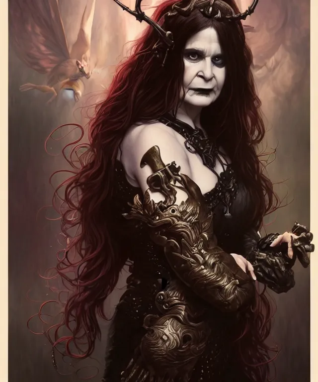 Image similar to ozzy osborne as a gothic female fantasy satyr, portrait, fantasy, intricate, elegant, highly detailed, digital painting, artstation, concept art, smooth, sharp focus, illustration, art by artgerm and greg rutkowski and alphonse mucha