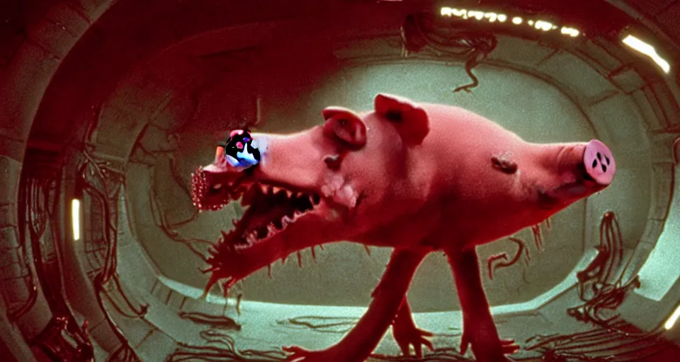 Image similar to peppa the pig infected by xenomorph from movie alien 1 9 7 9, staying at nostromo spaceship. extreme long shot, 4 k, cinestill, giger, hermann nitsch, dark colors