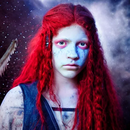 Prompt: dystopian dnd character, native american teenage female angel, who has iridescent colored eyes, freckles, and has curly red hair, hyper realistic, made by and seb mckinnon. hyperrealism, dslr photography 8 k dop dof by laura zalenga. red and blue diffused lighting, fantasy expanse landscape in the style of john avon. 8 k dop dof