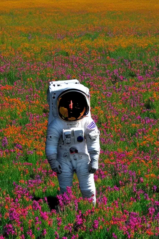 Prompt: The astronaut's back, next to it was a meadow full of bright flowers, bright，8K