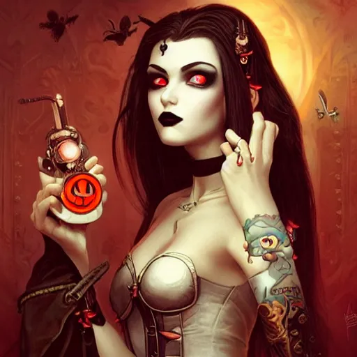 Prompt: Lofi Vampire Goth Steampunk portrait Pixar style by Tristan Eaton Stanley Artgerm and Tom Bagshaw,