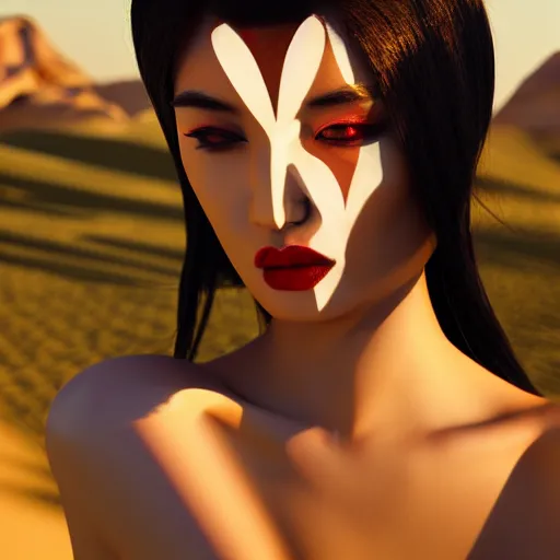 Image similar to giesha demon, innovative avant-garde art, deco fashion, asian women, highly detailed, photorealistic portrait, serene desert setting, golden hour, crisp quality and light reflections, unreal engine 5 quality render