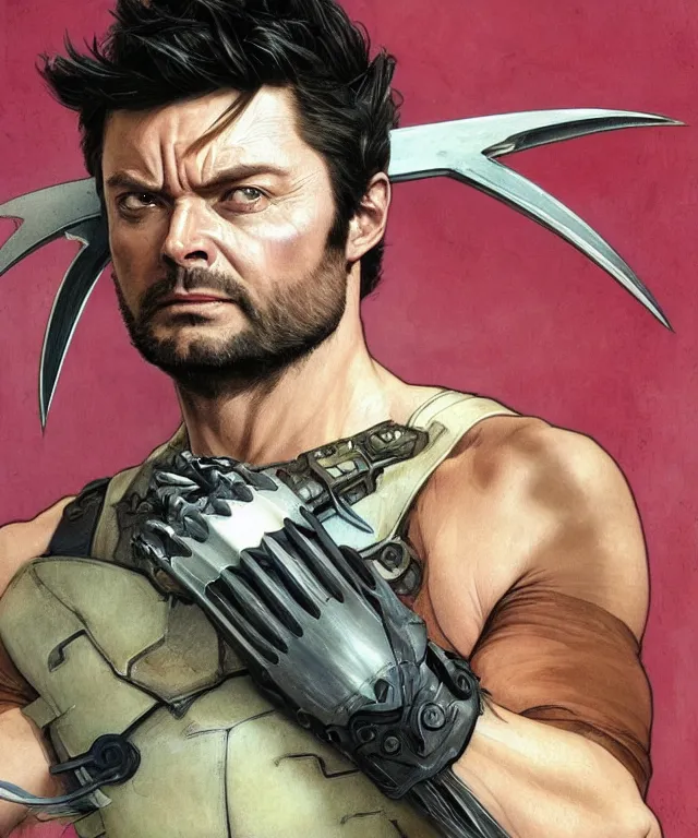 Image similar to Karl Urban as Wolverine, highly detailed, digital painting, artstation, concept art, smooth, sharp focus, illustration, ArtStation, art by artgerm and greg rutkowski and alphonse mucha and J. C. Leyendecker and Edmund Blair Leighton and Katsuhiro Otomo and Geof Darrow and Phil hale and Ashley wood and Ilya repin and Charlie Bowater