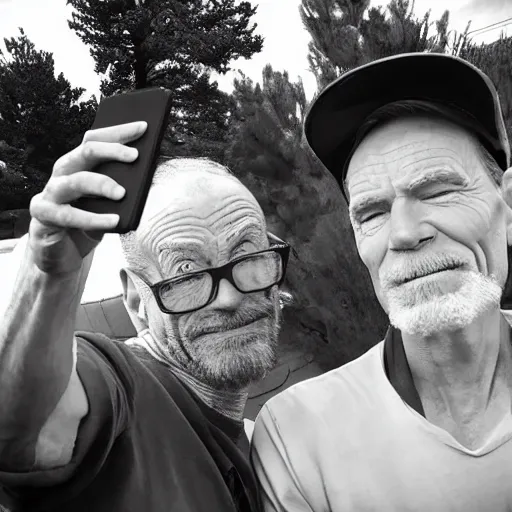 Image similar to A still of Jerma taking a selfie with Bryan Cranston in Albuquerque, New Mexico with a yellow filter, real life, hyperrealistic, ultra realistic, realistic, highly detailed, epic, HD quality, 8k resolution, body and headshot, Trending on Artstation, very realistic