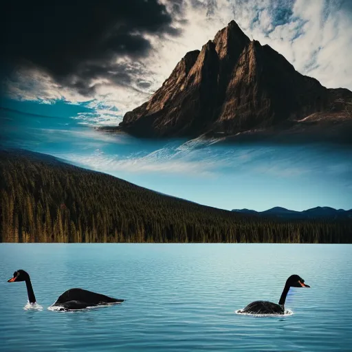 Image similar to photo of two black swans swimming in a beautiful reflective mountain lake, touching heads, forming a heart with their necks, a hot air balloon flying above the swans , granular detail, hot air balloon, intricate, portrait, 8k highly professionally detailed, HDR, CGsociety, octane render, 4k, f32,55mm photography, wide angle